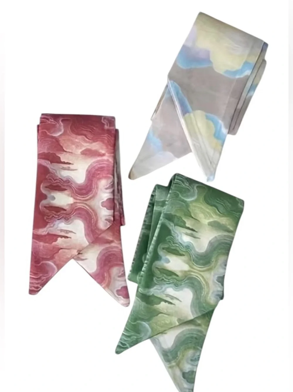 Whimsigoth Pastel Marble Silk Twilly Scarf Trio Ethereal Boho Purse Ribbon NWT